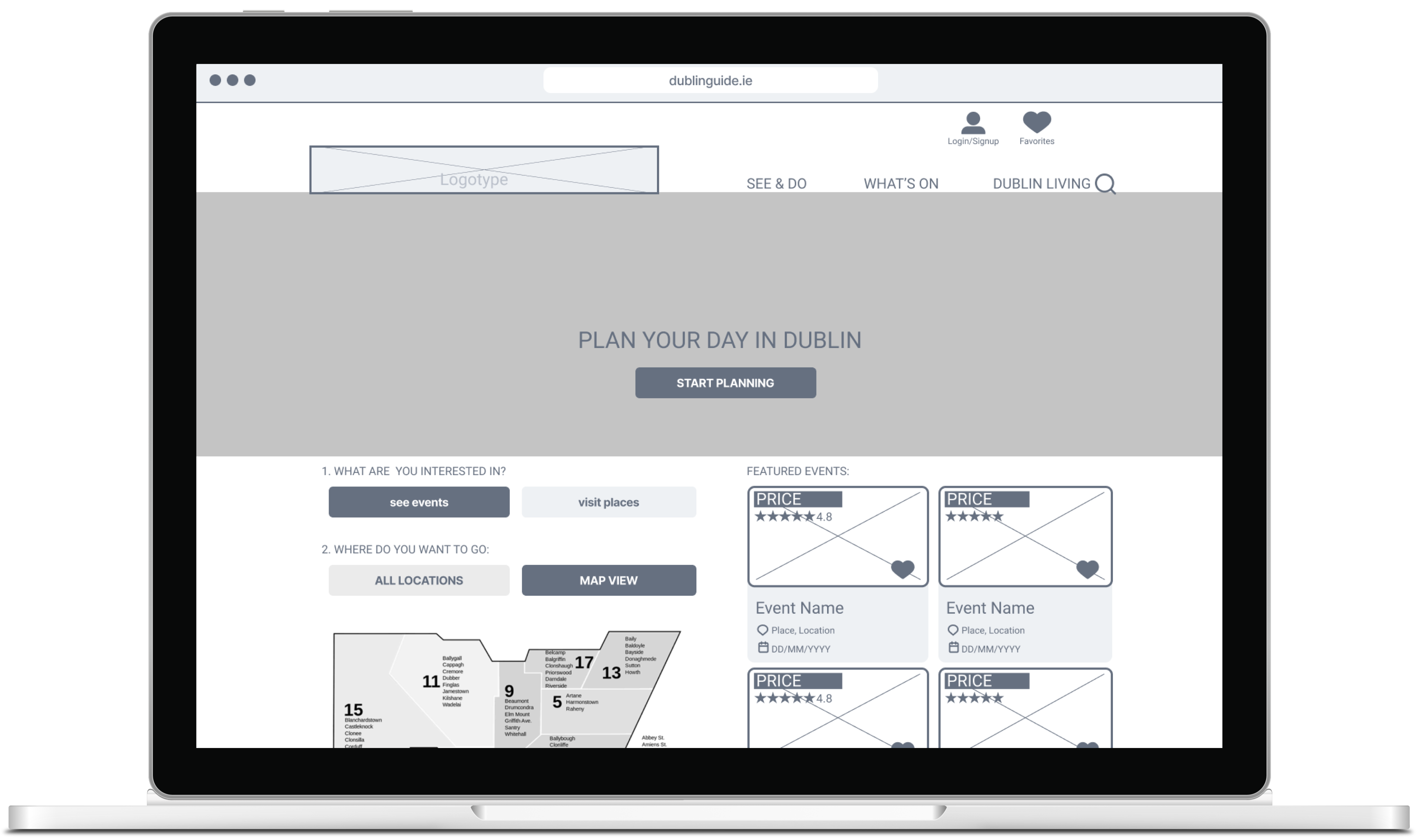 Dublin Guide Wireframes with a map