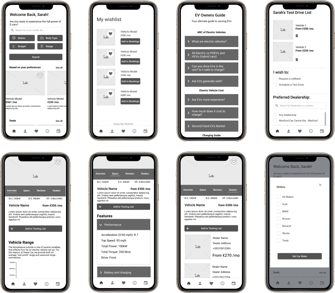 Green Car App Medium Fidelity Prototype (greyscale)