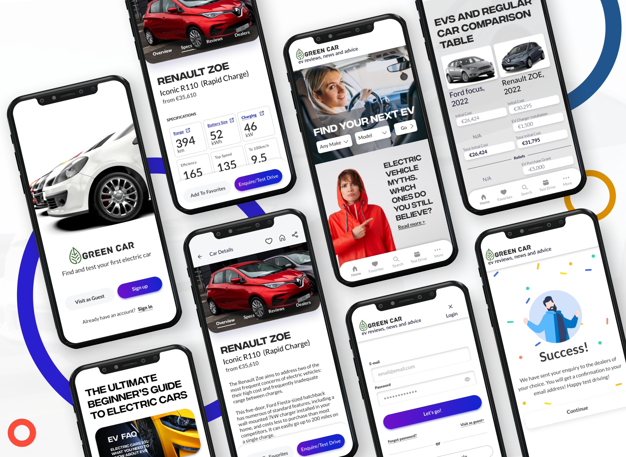 Green Car App Mockup With 8 Screens