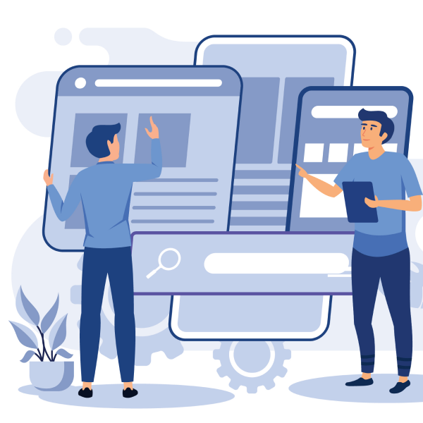 blue illustration of two people working on a website